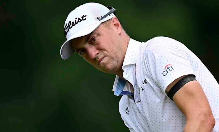 Justin Thomas putts on the 11th green during the third round of the Wyndham Championship at Sedgefield Country Club on Aug. 5, 2023 in Greensboro, North Carolina.